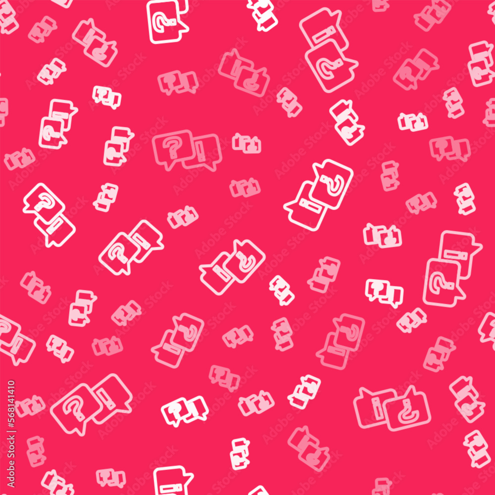 Poster white line speech bubbles with question and answer icon isolated seamless pattern on red background.
