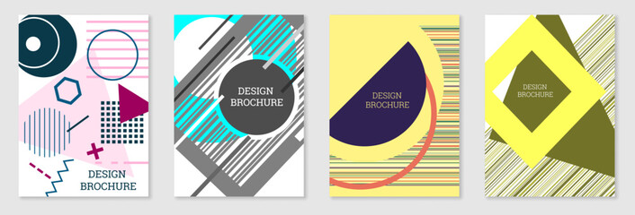 Set of cover design in Memphis style. Geometric design, abstract background. Fashionable bright cover, banner, poster, booklet. Creative colors.
