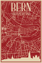 Red hand-drawn framed poster of the downtown BERN, SWITZERLAND with highlighted vintage city skyline and lettering