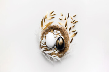 Naklejka na ściany i meble Easter eggs in a straw nest on white background. Top view, flat lay with space for text. .Greeting card template. generative ai
