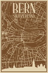 Brown hand-drawn framed poster of the downtown BERN, SWITZERLAND with highlighted vintage city skyline and lettering