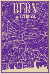Purple hand-drawn framed poster of the downtown BERN, SWITZERLAND with highlighted vintage city skyline and lettering