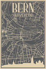 Grey hand-drawn framed poster of the downtown BERN, SWITZERLAND with highlighted vintage city skyline and lettering