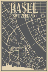 Grey hand-drawn framed poster of the downtown BASEL, SWITZERLAND with highlighted vintage city skyline and lettering