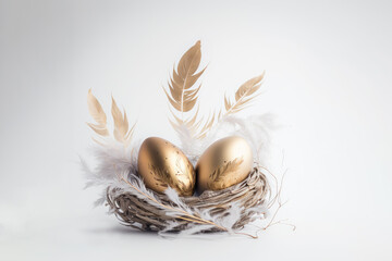 Easter eggs in a straw nest on white background. Top view, flat lay with space for text. .Greeting card template. generative ai