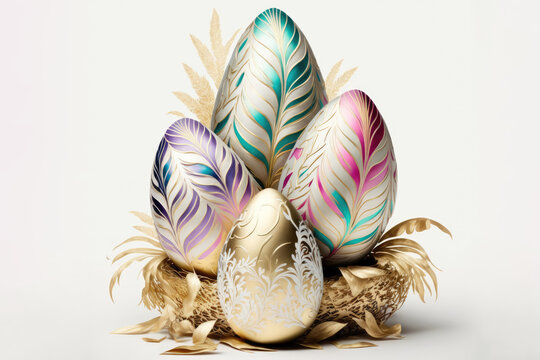 Colorful painted easter eggs in a straw nest on white background. Front view with space for text. .Greeting card template. generative ai
