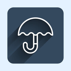 White line Classic elegant opened umbrella icon isolated with long shadow background. Rain protection symbol. Blue square button. Vector