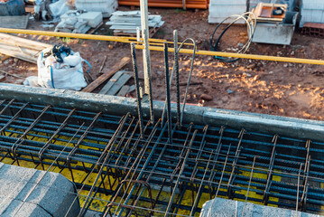 View of construction site with reinforced concrete slab. Concrete slab with reinforncing bars