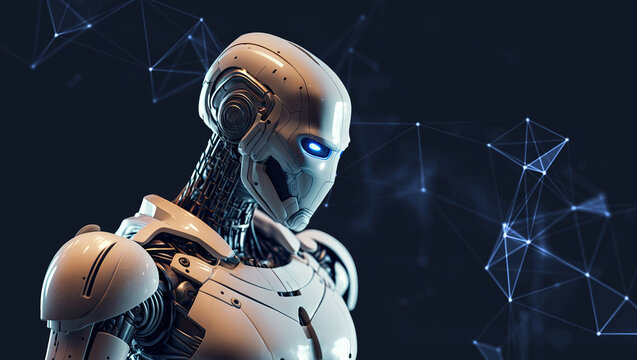 Humanoid android covered in white skin, Machine learning technology concept. Sci-Fi cybernetic robot. Generative AI	