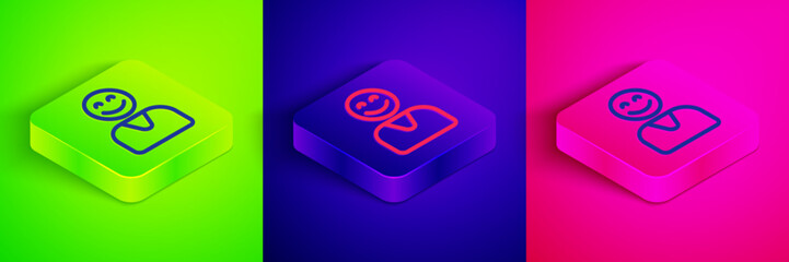 Isometric line Happy customer icon isolated on green, blue and pink background. Square button. Vector