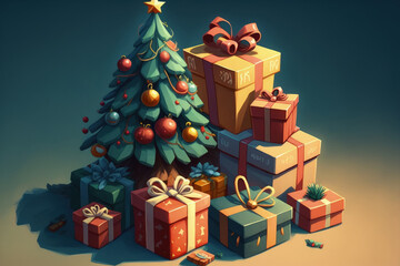 numerous gift boxes and a Christmas tree. Generative AI
