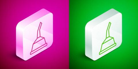 Isometric line Canister for motor machine oil icon isolated on pink and green background. Oil gallon. Oil change service and repair. Silver square button. Vector
