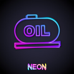 Glowing neon line Oil tank storage icon isolated on black background. Vessel tank for oil and gas industrial. Oil tank technology station. Vector