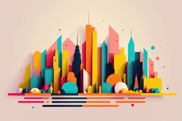a minimalist travel illustration of New York City in pastel colors with iconic symbols, geometric fluid shape composition