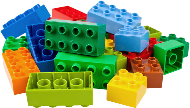 Many colorful plastic block toys