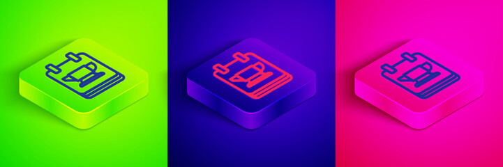 Isometric line Blacksmith anvil tool icon isolated on green, blue and pink background. Metal forging. Forge tool. Square button. Vector