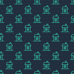 Green line House icon isolated seamless pattern on blue background. Home symbol. Vector