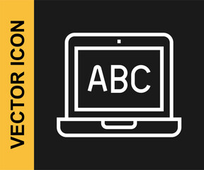 White line Laptop icon isolated on black background. Computer notebook with empty screen sign. Vector
