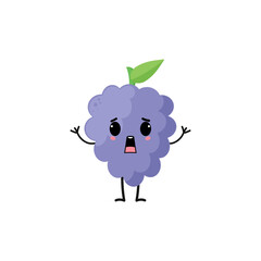 Frightened bunch of grapes with kawaii emoji. Flat design vector illustration of grapes on white background	