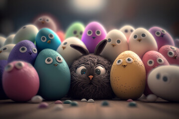 Easter bunny character with eggs. Cute adorable Easter background. generative AI.