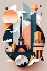 a minimalist travel illustration of Paris City in pastel colors with iconic symbols, geometric fluid shape composition