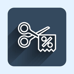 White line Scissors cuts discount coupon icon isolated with long shadow background. The concept of selling in an online supermarket at low prices or half the cost. Blue square button. Vector