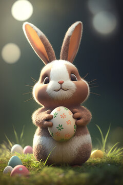 Easter bunny character with an egg in spring meadow. Cute Easter background. generative AI.