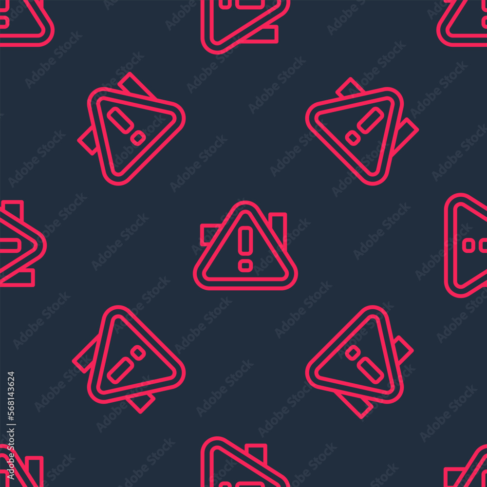 Poster red line exclamation mark in triangle icon isolated seamless pattern on black background. hazard war