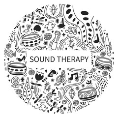 Singing therapy doodle in circle. Tibetan bowls, wooden sticks, musical notes. Music visualization doodle. Healing therapy round. Sound healing for balance and a clear mind. Meditation. Sound bath