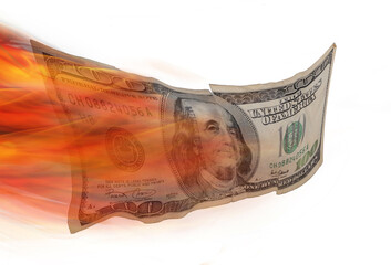 Money on fire and burning away  with inflation.