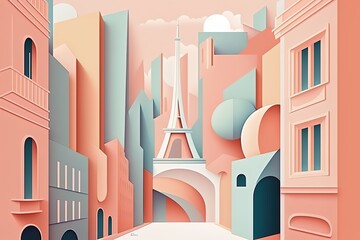 a minimalist travel illustration of Paris City in pastel colors with iconic symbols, geometric fluid shape composition