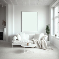 Wall art frame, with a white, light and bright, airy  modern and contemporary living room mock-up frame for displaying art