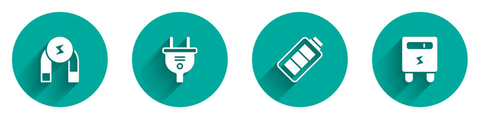 Set Magnet, Electric plug, Battery charge and meter icon with long shadow. Vector