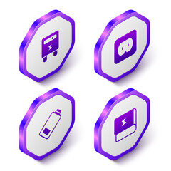 Set Isometric Electric meter, Electrical outlet, Battery charge and Book about electricity icon. Purple hexagon button. Vector