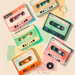 Obraz premium Vintage music cassettes. Retro dj sound tape, 1980s rave party stereo mix, old school record technology, AI generated.
