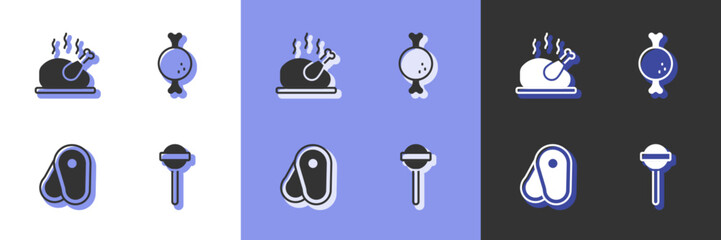 Set Lollipop, Roasted turkey or chicken, Steak meat and Chicken leg icon. Vector