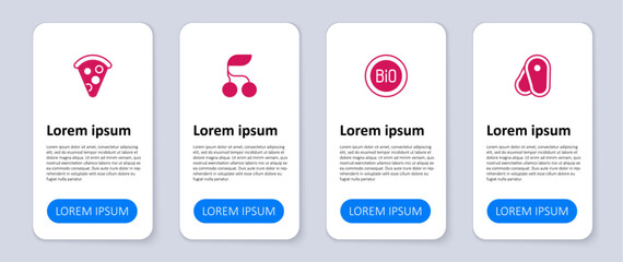 Set Steak meat, Banner for bio, Fresh berries and Slice of pizza. Business infographic template. Vector