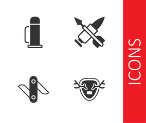 Set Deer antlers on shield, Thermos container, Swiss army knife and Crossed bullet with arrow icon. Vector