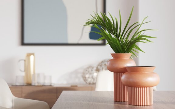Floreros de cer&aacute;mica naranja para decoraci&oacute;n de interiores, render