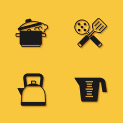 Set Cooking pot, Measuring cup, Kettle with handle and Spatula icon with long shadow. Vector