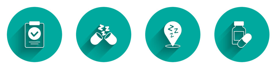 Set Medical prescription, Sleeping pill, Sleepy and icon with long shadow. Vector