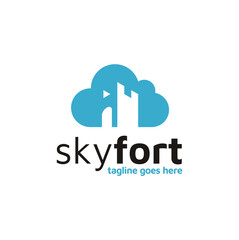 Fort Fortress Castle Tower with Bubble Cloud Sky for Raise or Upload Database Internet logo design