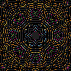 A relief black background, ethnic cover design. Geometric unique fantasy 3D pattern, stylized flower, press paper, leather. Tribal boho ornaments of the East, Asia, India, Mexico, Aztecs, Peru.