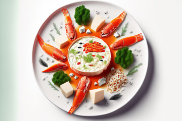 a chosen photo from my FINE series collection. Against a white background, fresh crab sticks are presented on shellfish with dill and seafood sauce. The ideal illustration for a menu at a fish restaur