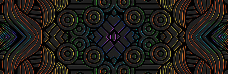 Banner, ethnic fantasy cover design. A relief geometric 3D pattern on a black background. Dudling and Zentangle technique, anti -stress. Tribal boho textures of the East, Asia, India, Mexico, Aztecs