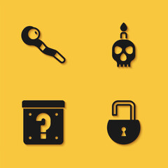 Set Magic staff, Open padlock, Mystery box and Burning candle on skull icon with long shadow. Vector