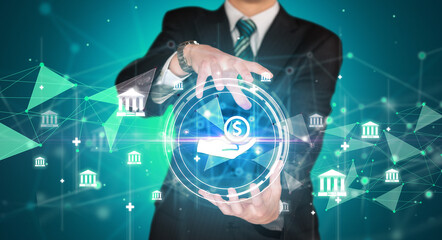 Businessman holdig business icons concept