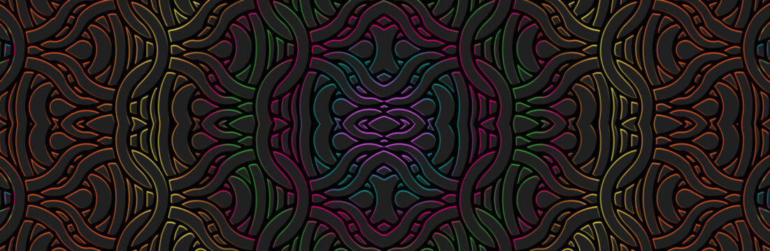 Banner, ethnic exotic fantasy cover design. A relief geometric 3D pattern on a black background. Dudling and Zentangle technique, anti -stress. Tribal boho textures of the East, Asia, India, Mexico, A