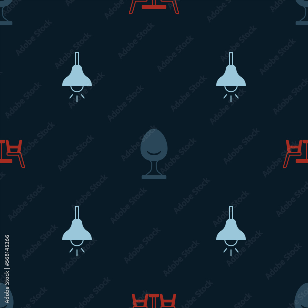 Poster set table with chair, armchair and lamp hanging on seamless pattern. vector