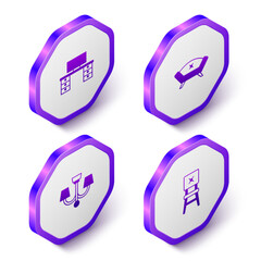 Set Isometric Office desk, Sofa, Chandelier and Chair icon. Purple hexagon button. Vector